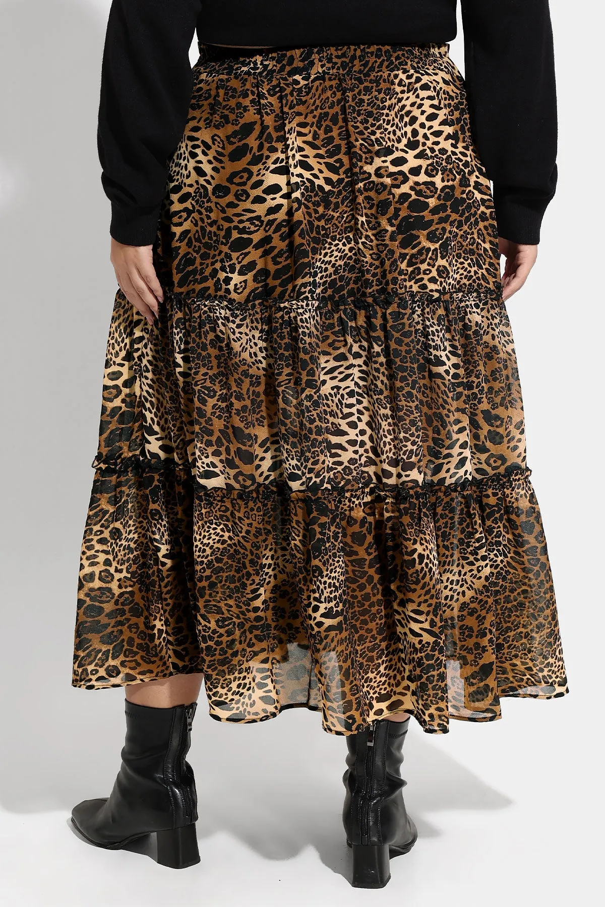 Pocket Leopard Mesh Flowy Shirred Mixi Skirt