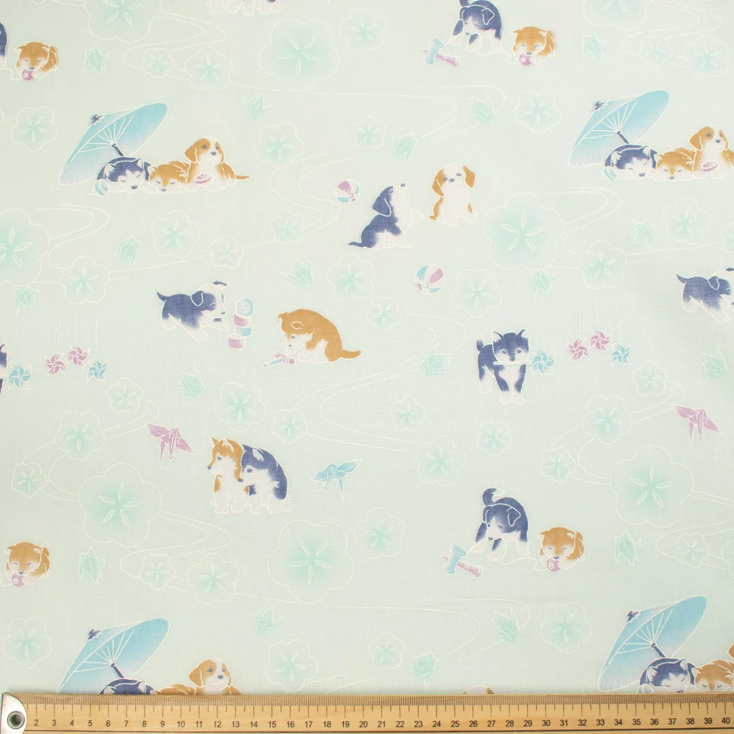 Printed Cotton Voile Design-19 Happy Dogs on Light Mint