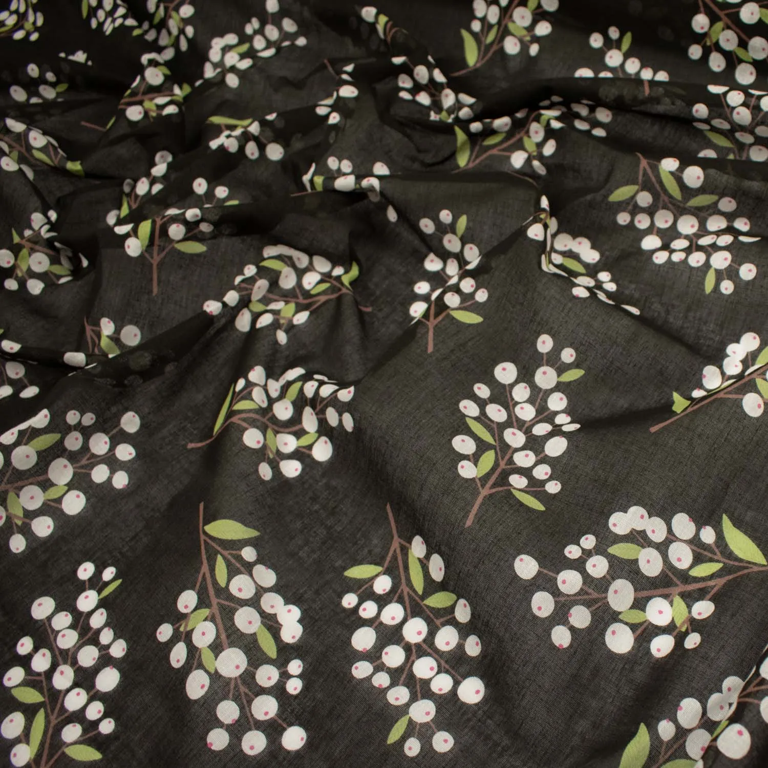 Printed Cotton Voile Design-19 White Lilly Pilly on Black