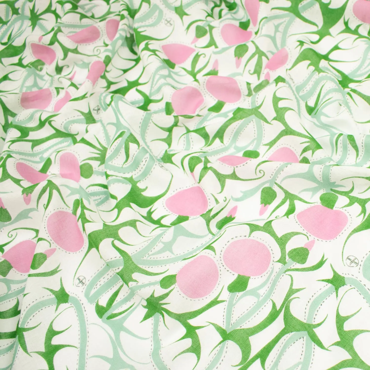 Printed Cotton Voile Design-27 Green Vines & Pink Fruit on White