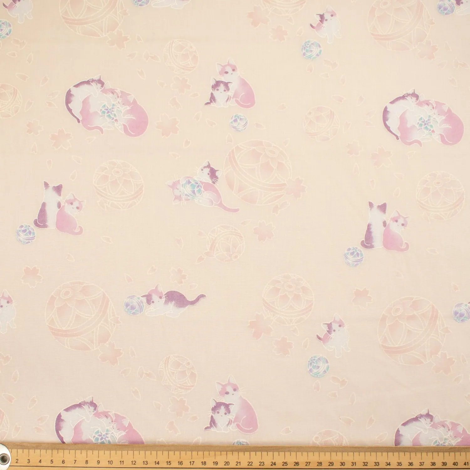 Printed Cotton Voile Design-34 Pink Cats Play Flower Balls on Cream