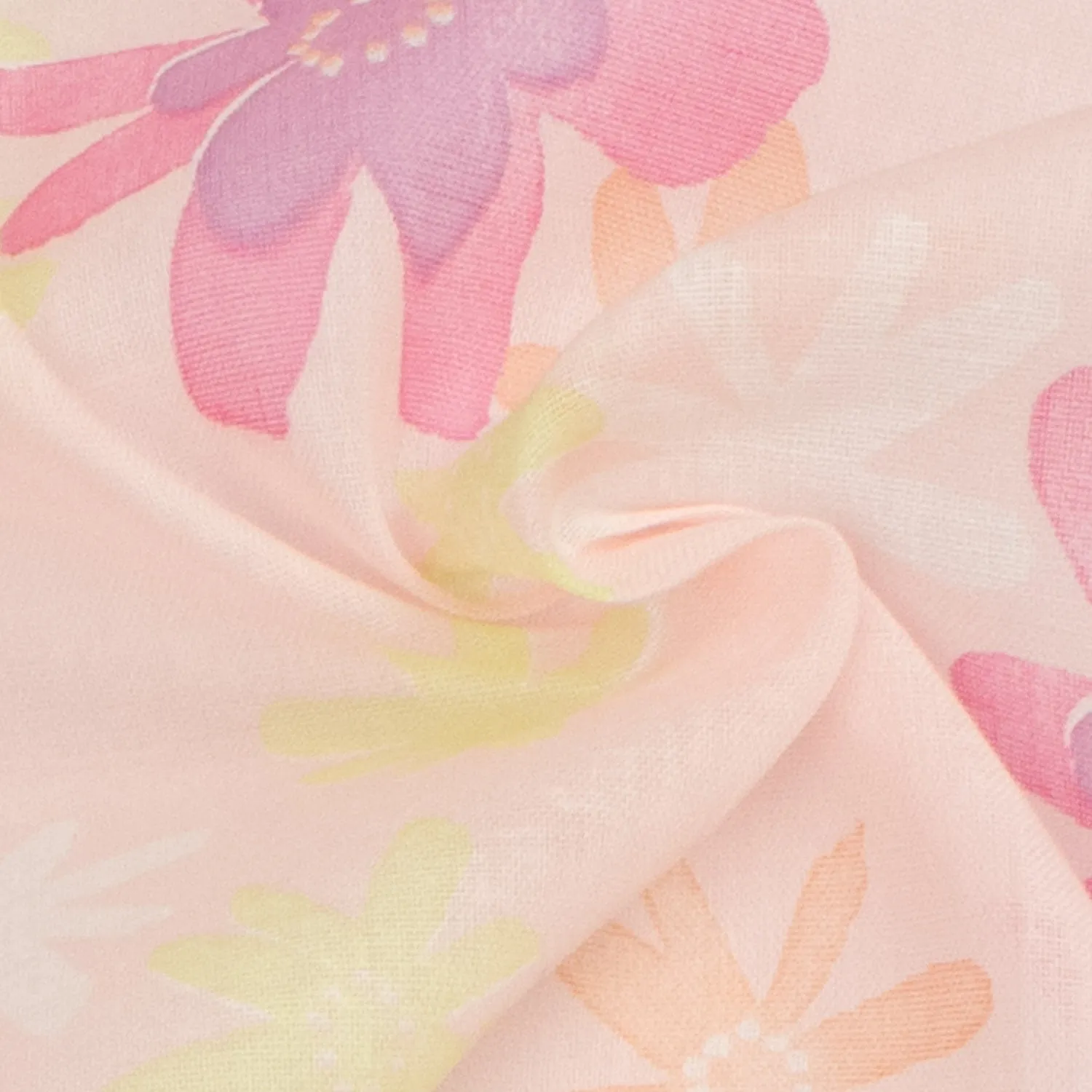 Printed Cotton Voile Design-61 Yellow, Pink & Orange Flowers on Baby Pink