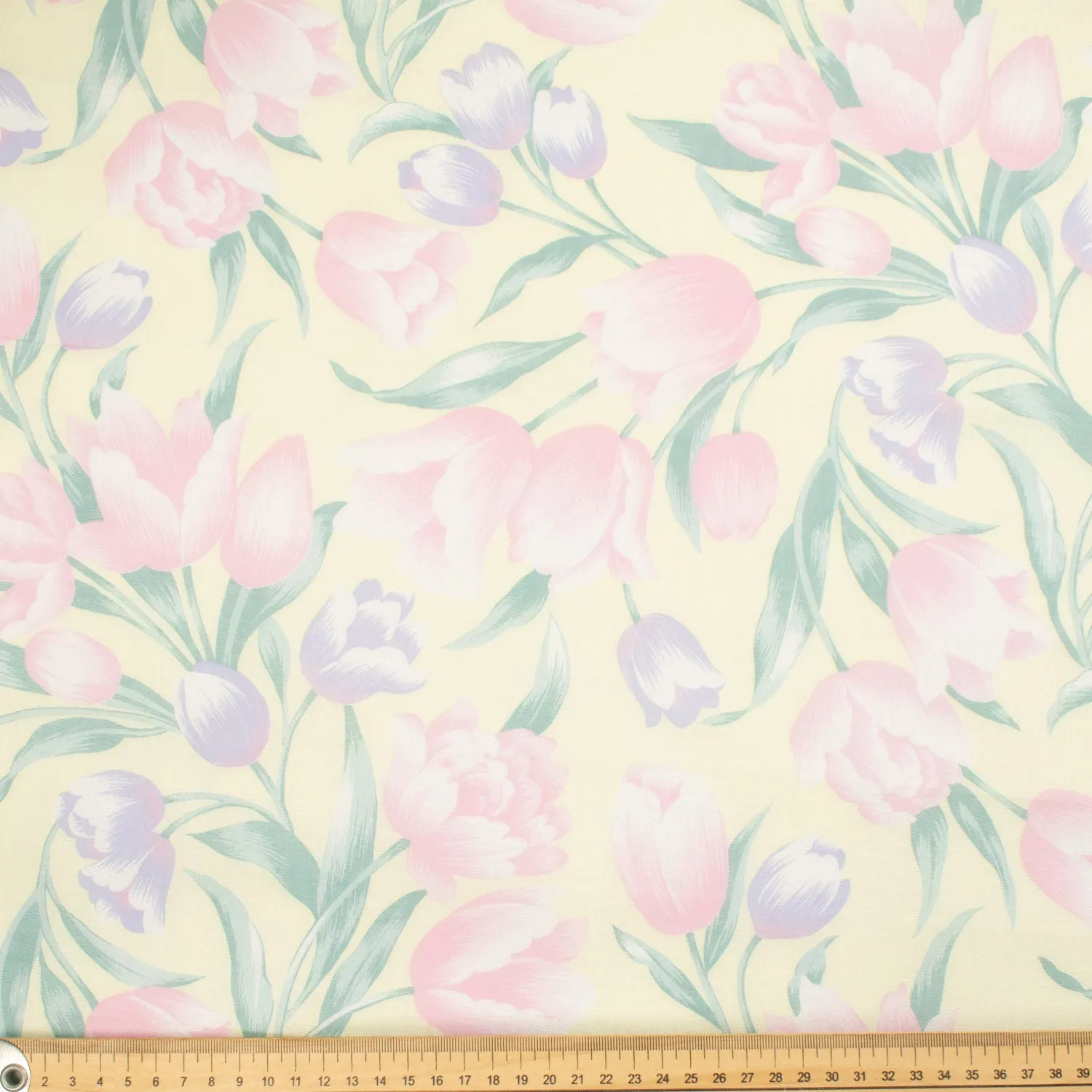 Printed Cotton Voile Design-64 Pink & Purple Tulips Flower on Pale Yellow