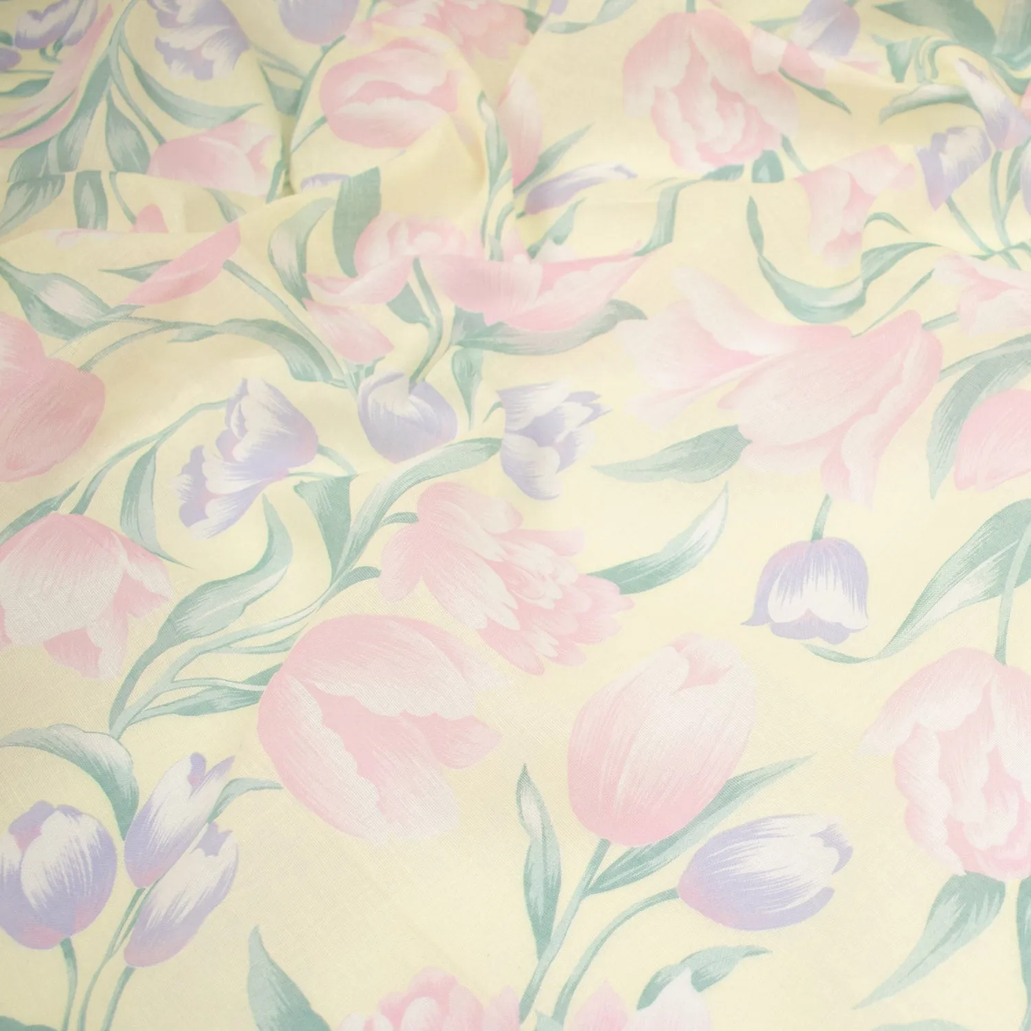 Printed Cotton Voile Design-64 Pink & Purple Tulips Flower on Pale Yellow