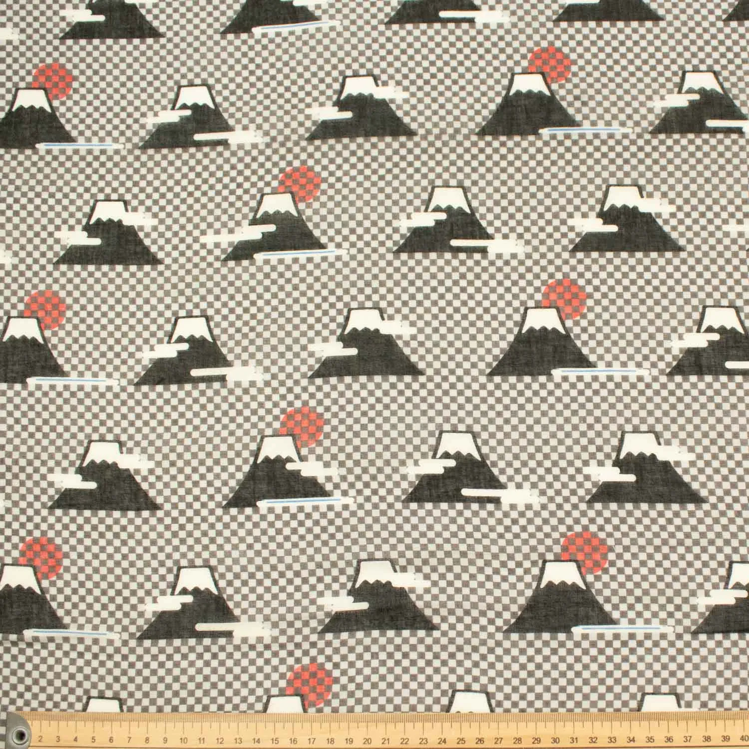 Printed Cotton Voile Design-86 Fuji Mountain on Black & Grey Checks