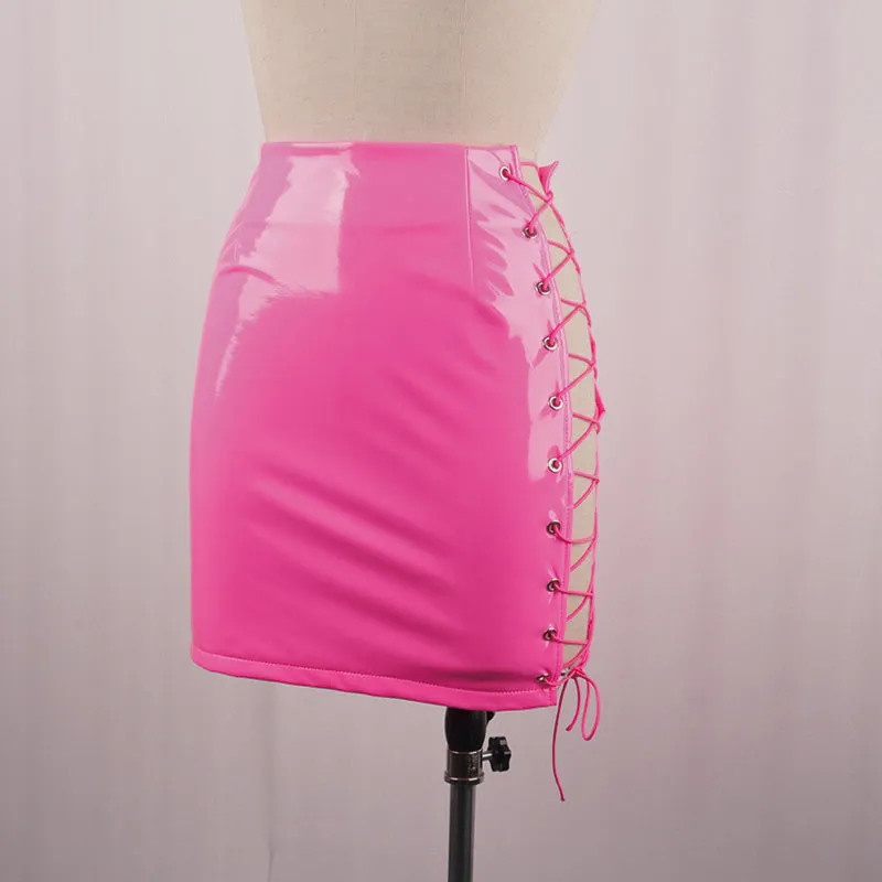 Purpdrank - Sexy Club Female Mini Pencil Skirt Women High Waist Lace Up Neon Green Orange Solid Bodycon Hollow Out Bandage Skirts