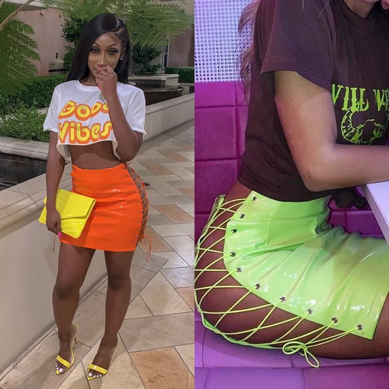 Purpdrank - Sexy Club Female Mini Pencil Skirt Women High Waist Lace Up Neon Green Orange Solid Bodycon Hollow Out Bandage Skirts