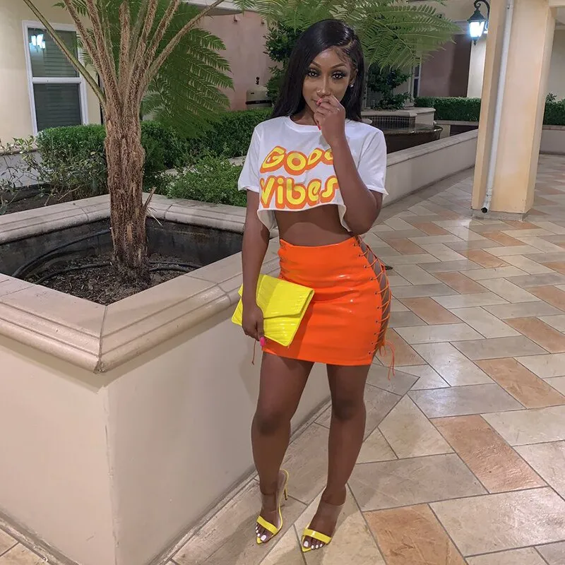 Purpdrank - Sexy Club Female Mini Pencil Skirt Women High Waist Lace Up Neon Green Orange Solid Bodycon Hollow Out Bandage Skirts