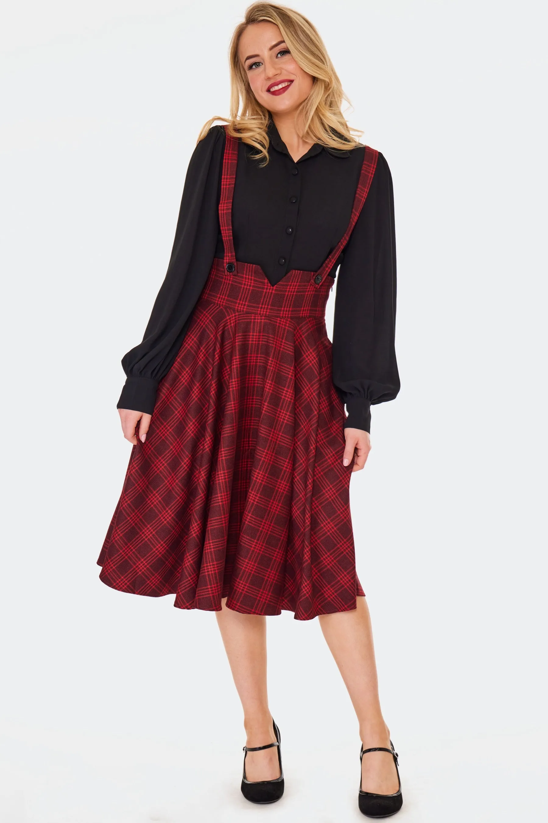 Red Plaid Suspender Skirt by Voodoo Vixen