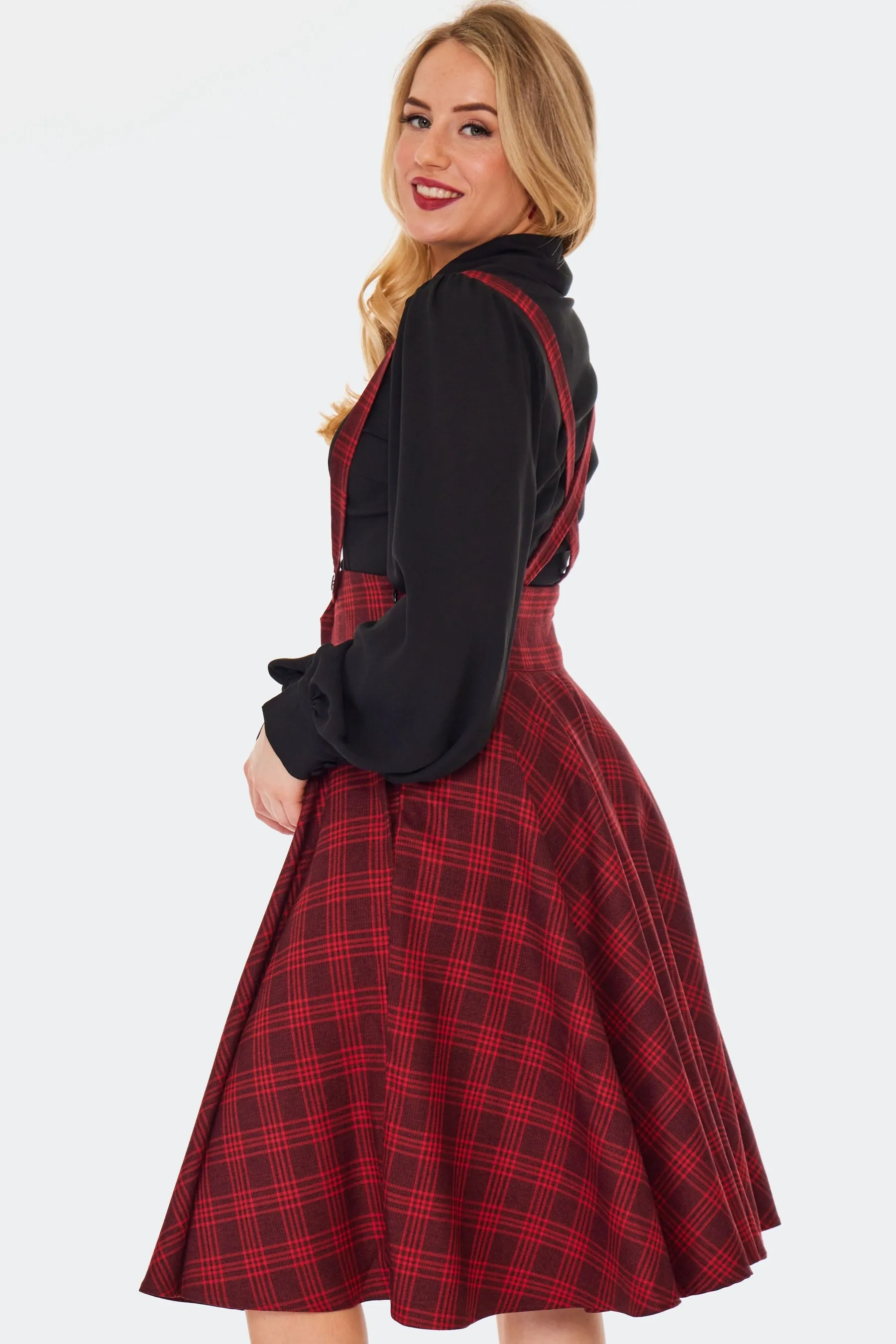 Red Plaid Suspender Skirt by Voodoo Vixen