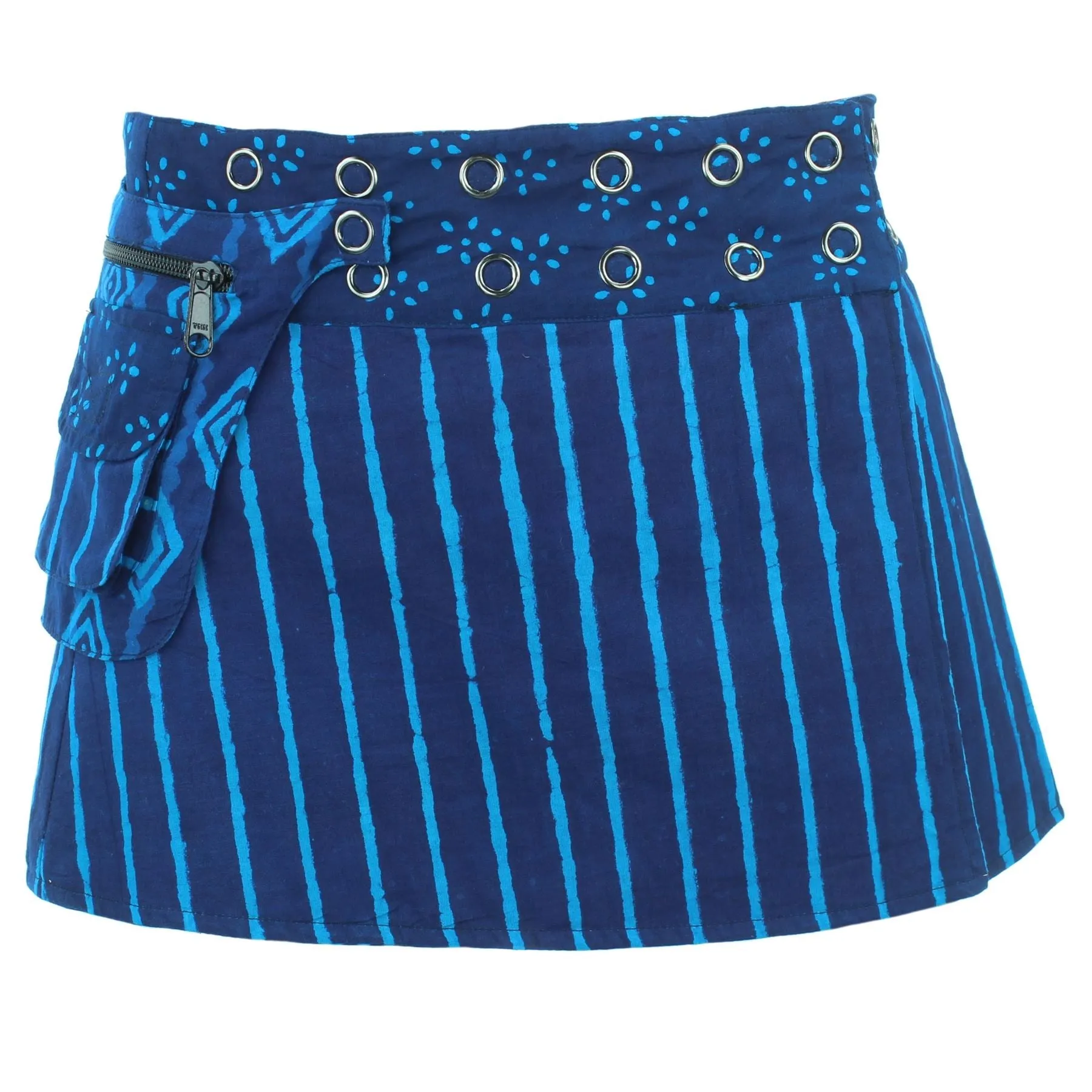 Reversible Popper Wrap Children's Size Mini Skirt - Indigo Patch Strips / Indigo Stripe