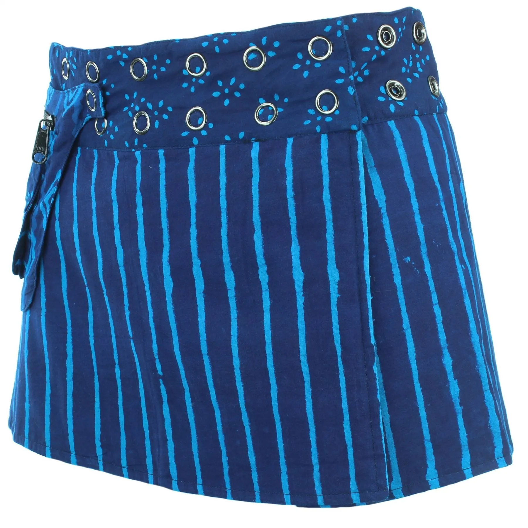 Reversible Popper Wrap Children's Size Mini Skirt - Indigo Patch Strips / Indigo Stripe