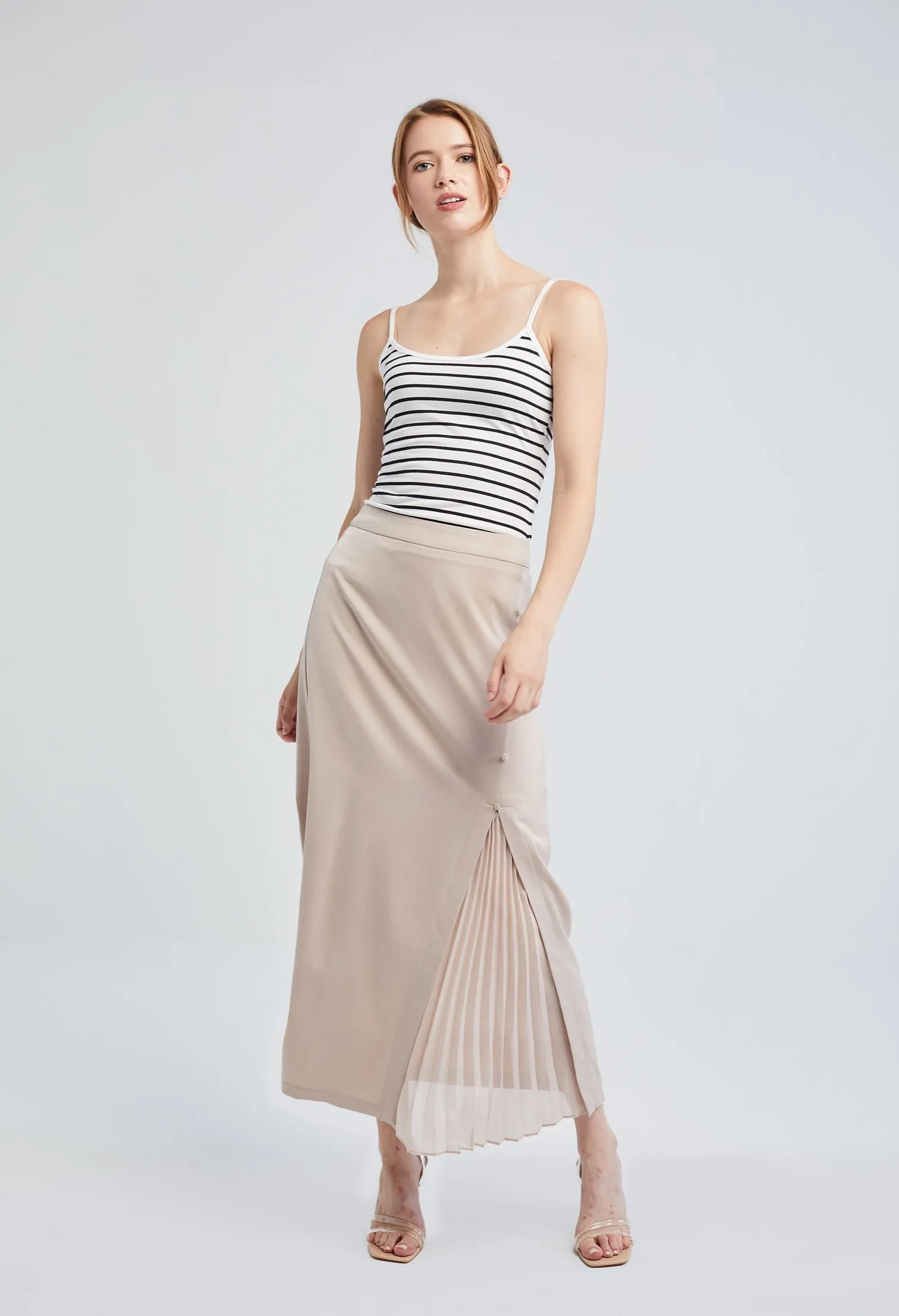 Satin Skirt with Hidden Chiffon Pleats