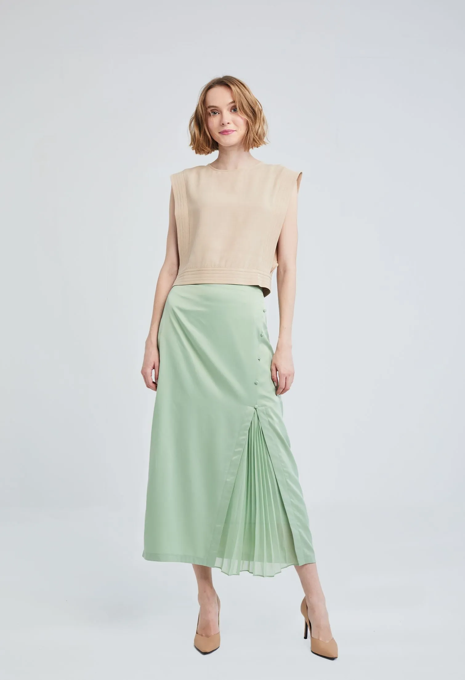 Satin Skirt with Hidden Chiffon Pleats