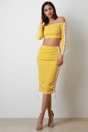 Side Lace Up Crop Top With High Waisted Midi Skirt Set