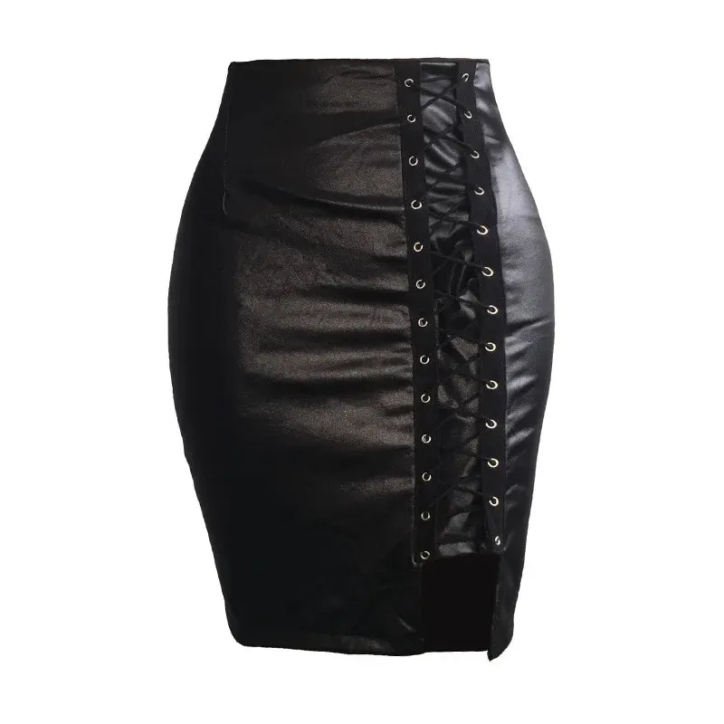 Spring Summer Women Side Split Pencil Skirts Black Lace Up PU Leather Skirts Vintage Bodycon High Waist Mini Skirt