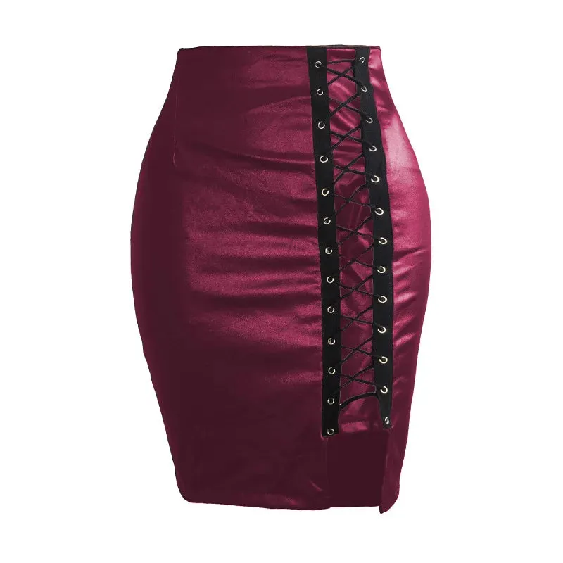 Spring Summer Women Side Split Pencil Skirts Black Lace Up PU Leather Skirts Vintage Bodycon High Waist Mini Skirt