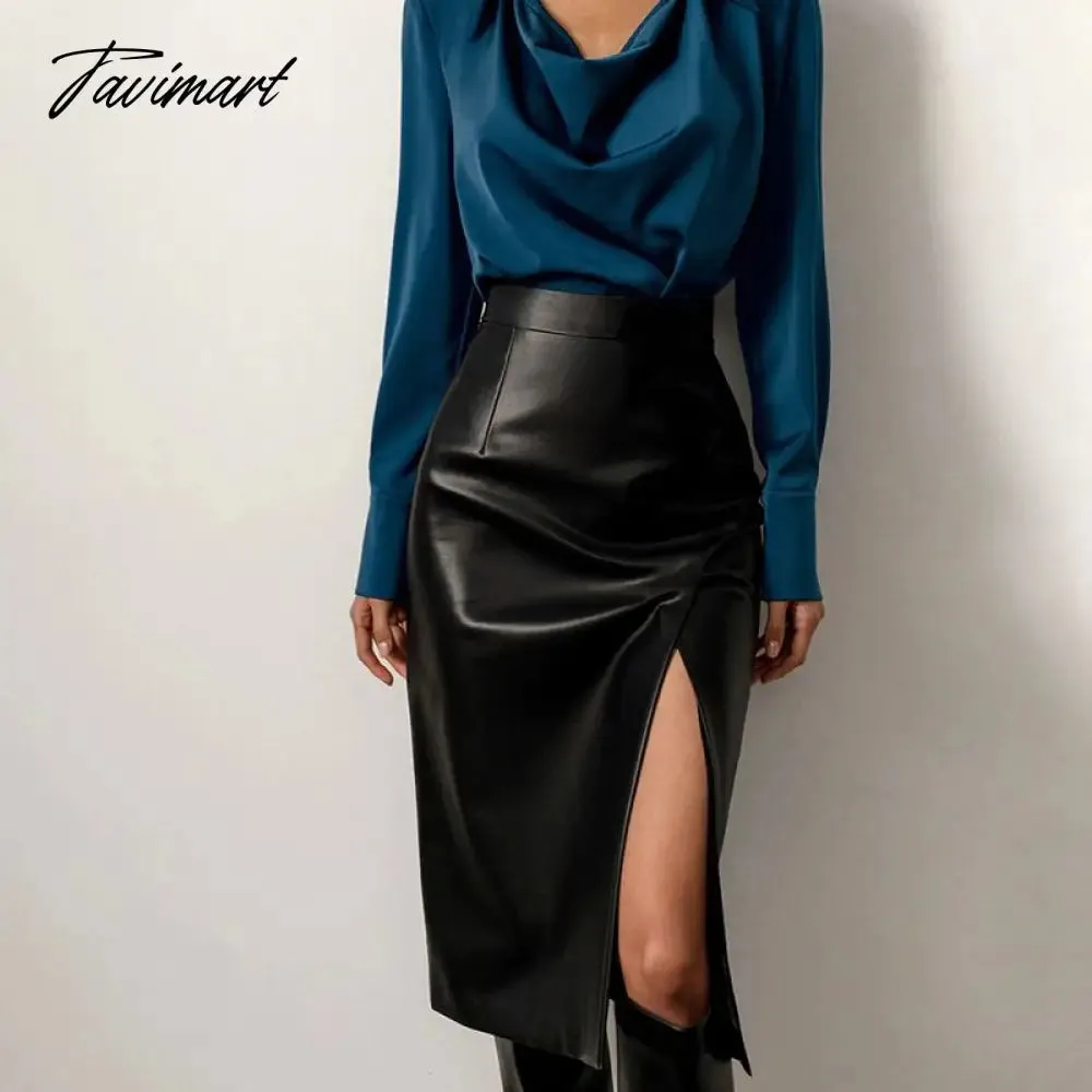 Tavimart Autumn Winter Women Sexy Midi Leather Skirts Solid Black High Waist Office Pencil Slit Skirt For Women