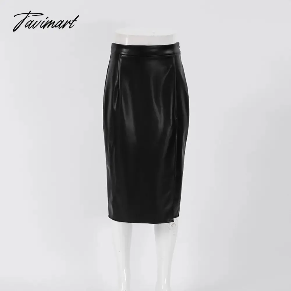 Tavimart Autumn Winter Women Sexy Midi Leather Skirts Solid Black High Waist Office Pencil Slit Skirt For Women