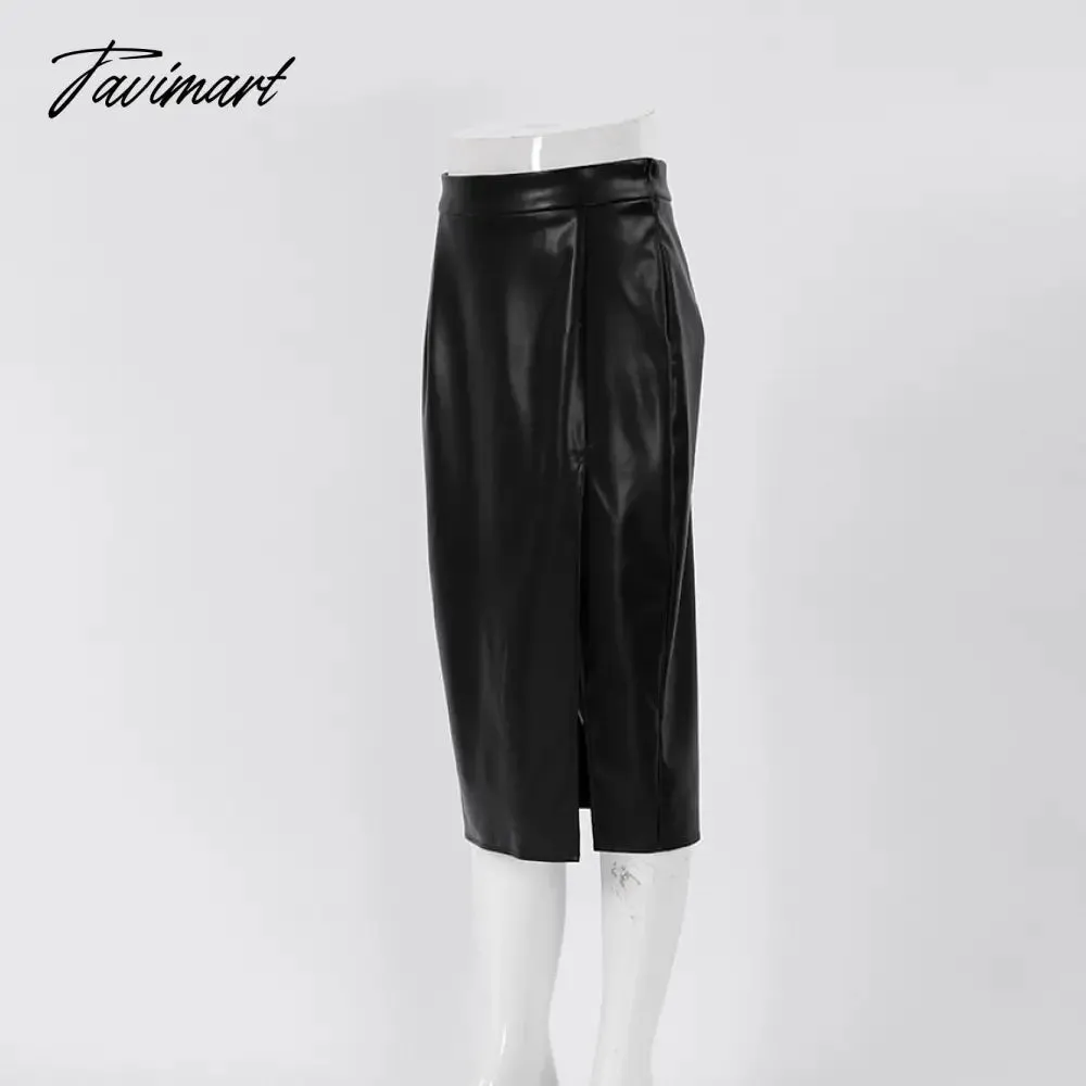 Tavimart Autumn Winter Women Sexy Midi Leather Skirts Solid Black High Waist Office Pencil Slit Skirt For Women