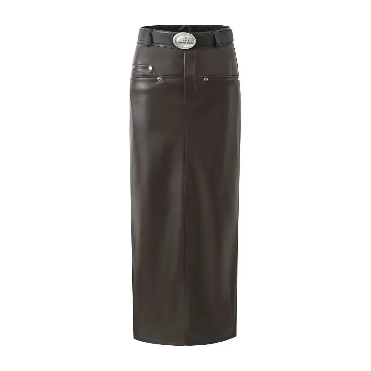 TAVIMART  -  Sexy Black Back Slit PU Leather Pencil Skirt With Belt Women Package Hips Maxi Long Skirts