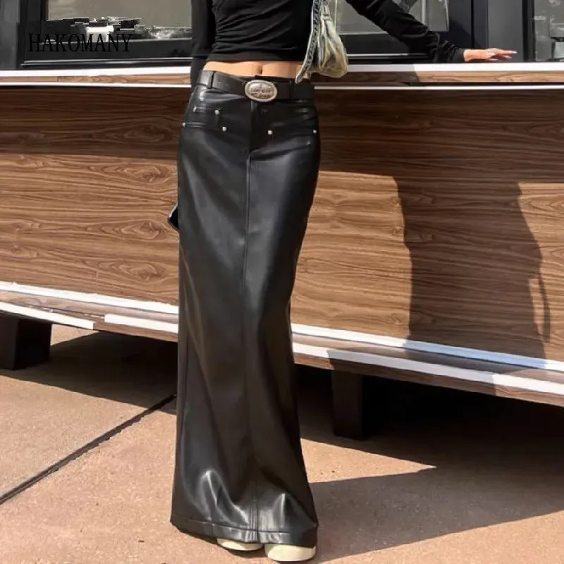 TAVIMART  -  Sexy Black Back Slit PU Leather Pencil Skirt With Belt Women Package Hips Maxi Long Skirts