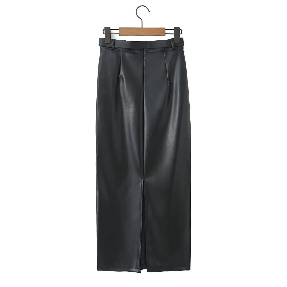 TAVIMART  -  Sexy Black Back Slit PU Leather Pencil Skirt With Belt Women Package Hips Maxi Long Skirts