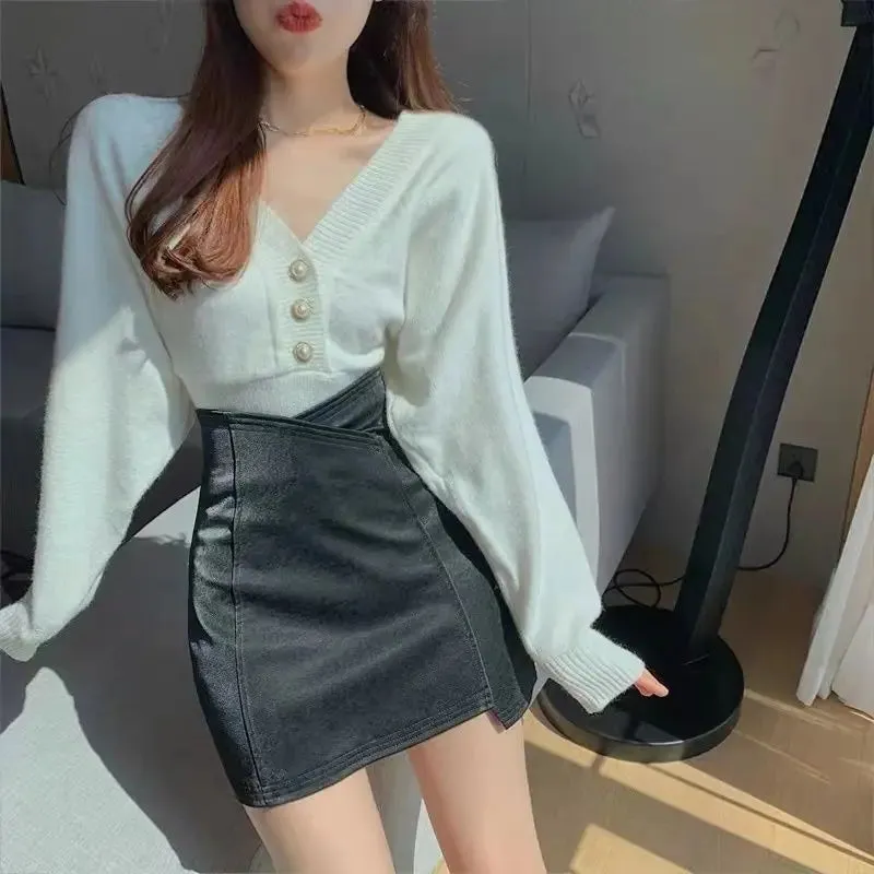 Toleet-Women Stylish PU Leather White Zipper Patchwork Skirt High Waist Skirt Korean Solid Color Short Sexy Bodycon Skirts Mini Bottom