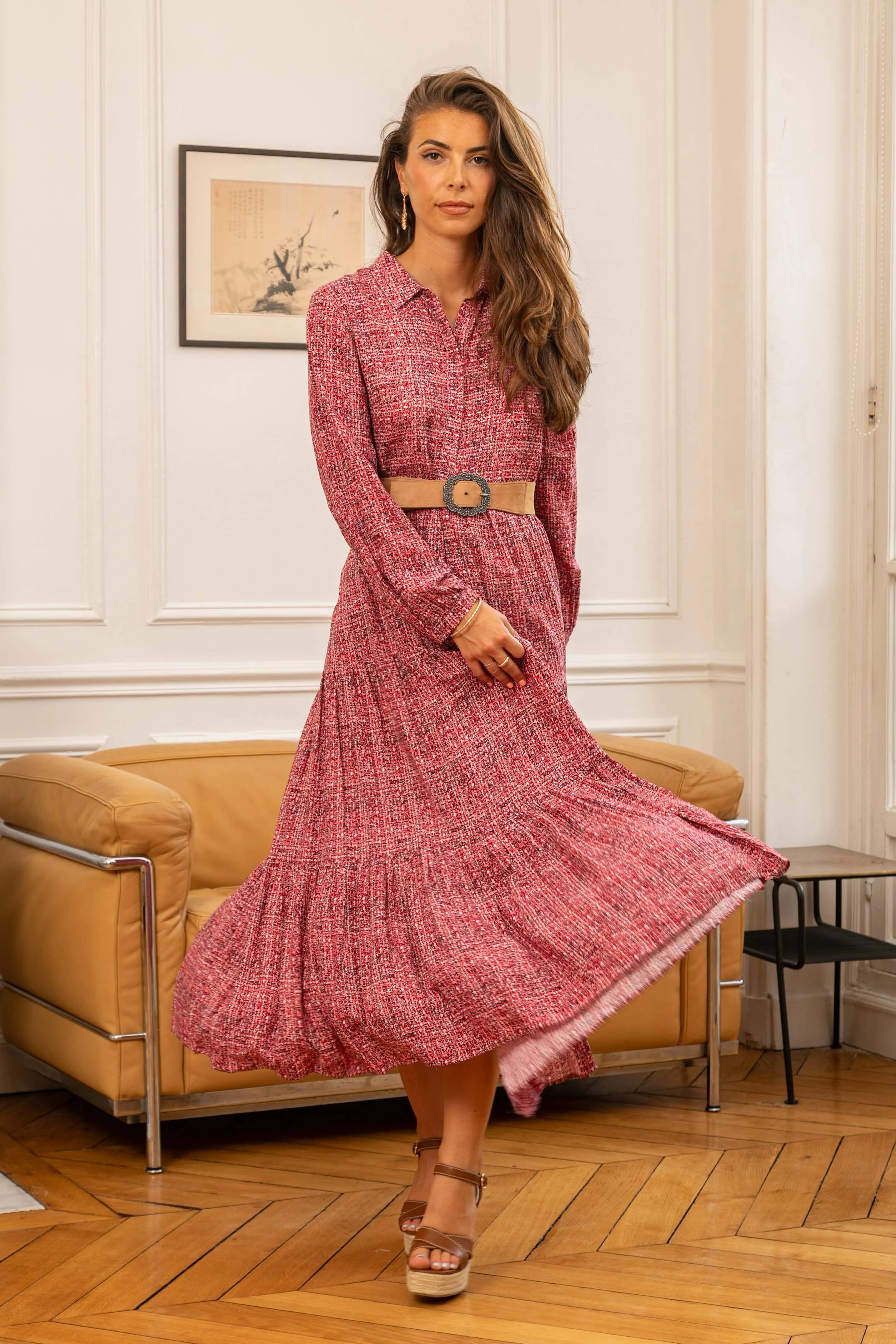 TWEED PRINT FLOWY DRESS