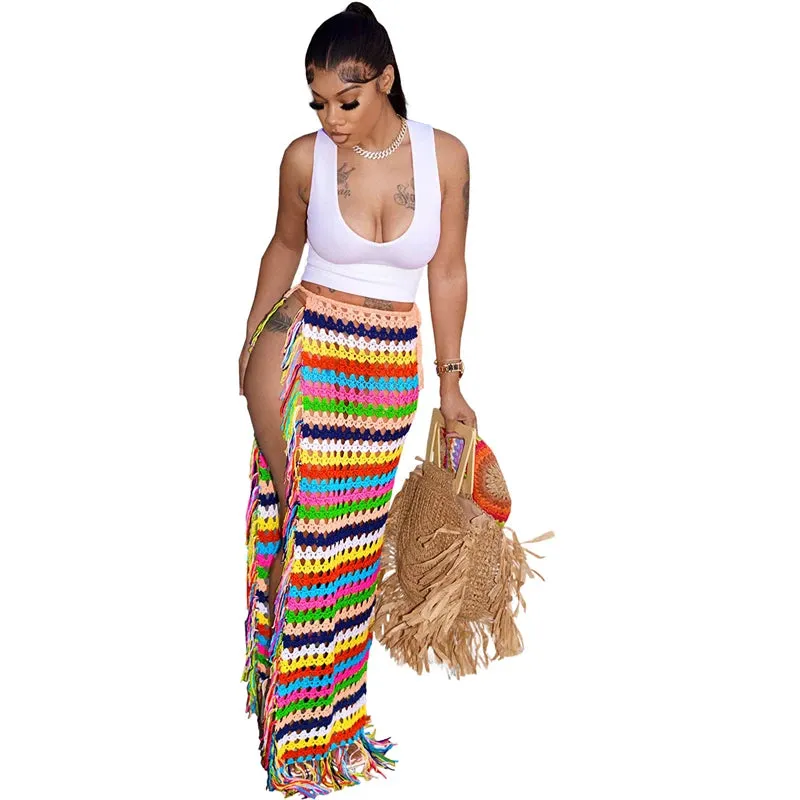 Uniwim Colorful Hand Crochet Tassel Maxi Skirts Women Fashion Sexy Side High Split Knitted Long Beach Cover Ups Casual Petticoats