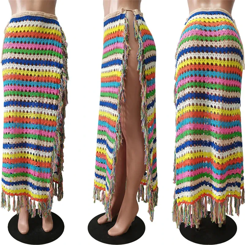 Uniwim Colorful Hand Crochet Tassel Maxi Skirts Women Fashion Sexy Side High Split Knitted Long Beach Cover Ups Casual Petticoats