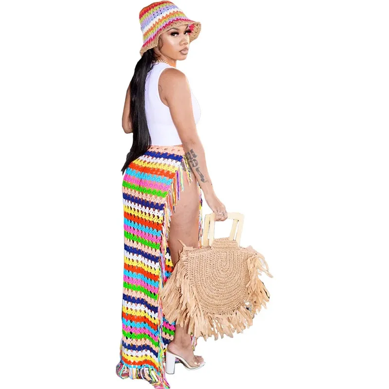 Uniwim Colorful Hand Crochet Tassel Maxi Skirts Women Fashion Sexy Side High Split Knitted Long Beach Cover Ups Casual Petticoats