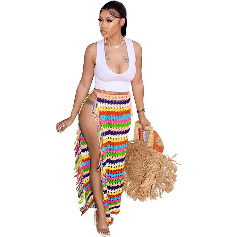 Uniwim Colorful Hand Crochet Tassel Maxi Skirts Women Fashion Sexy Side High Split Knitted Long Beach Cover Ups Casual Petticoats