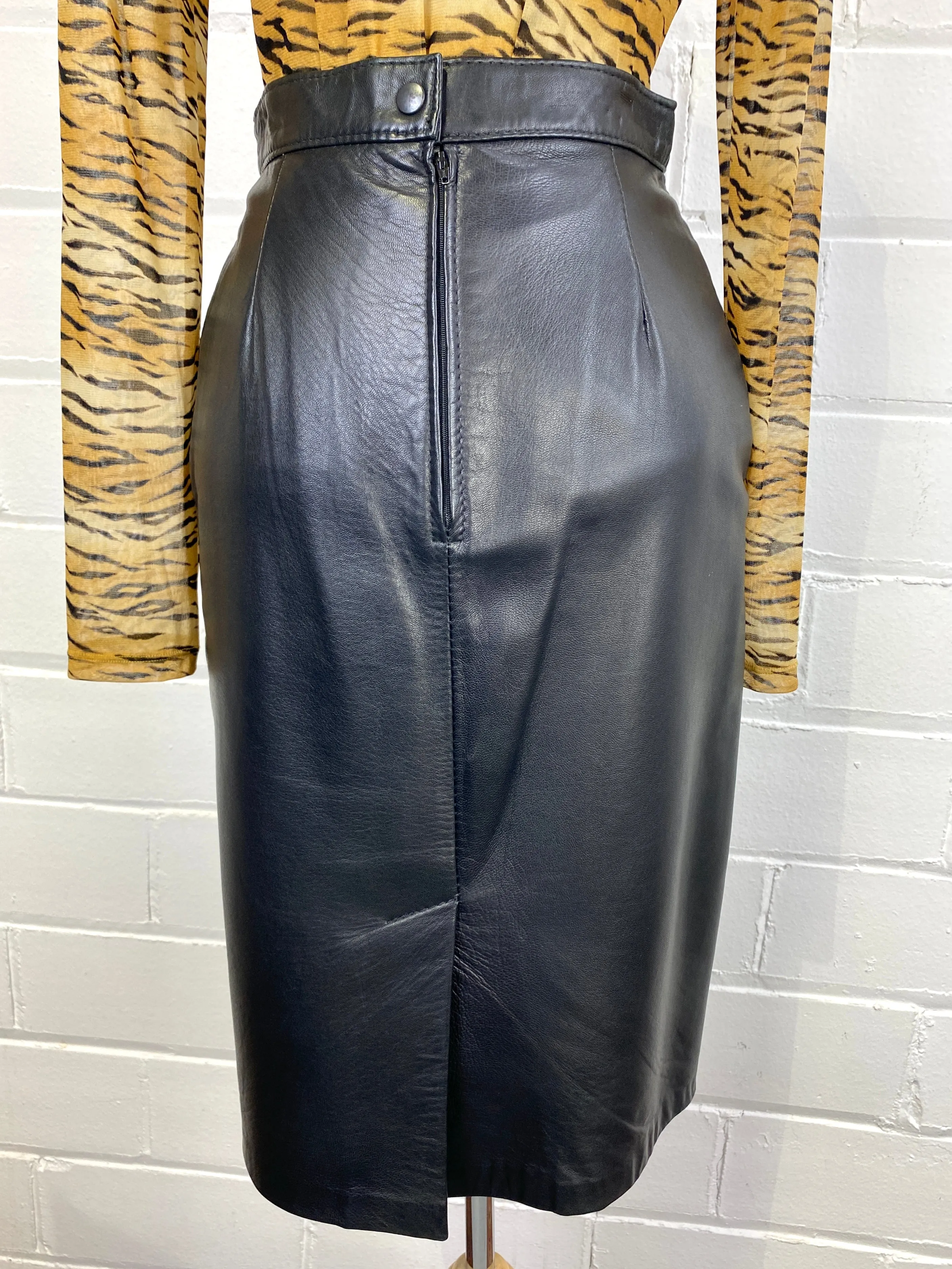 Vintage 1980s Black Leather High-Waist Skirt, W27"