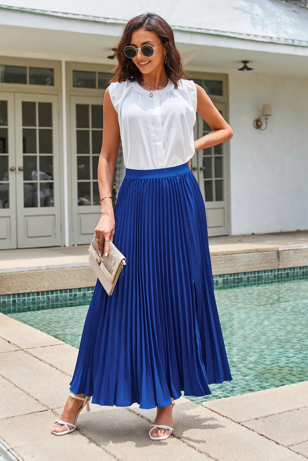 Women's High Waist Pleated A-Line Swing Skirt