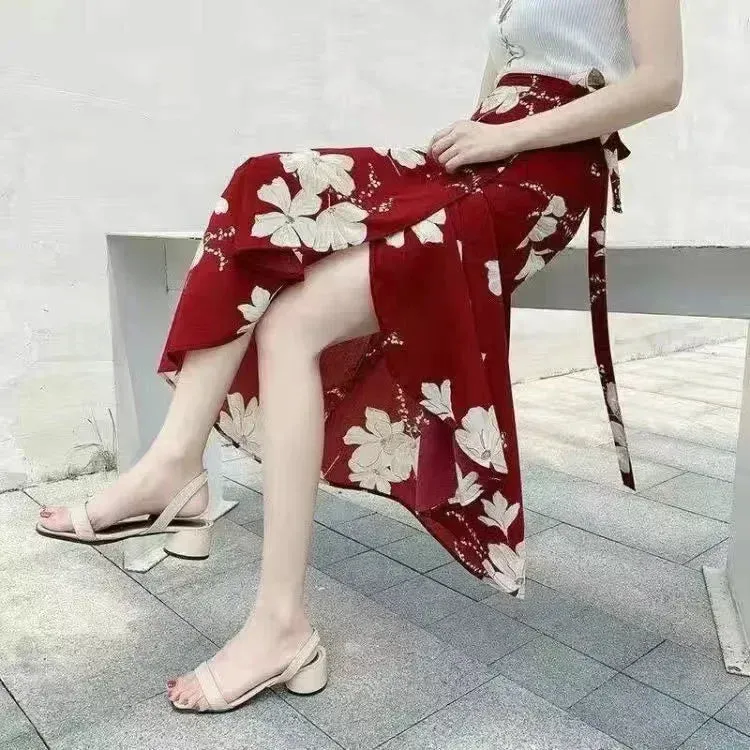 Women's High Waist Wrap Floral Printed Fashion Designer Skirts (Long)