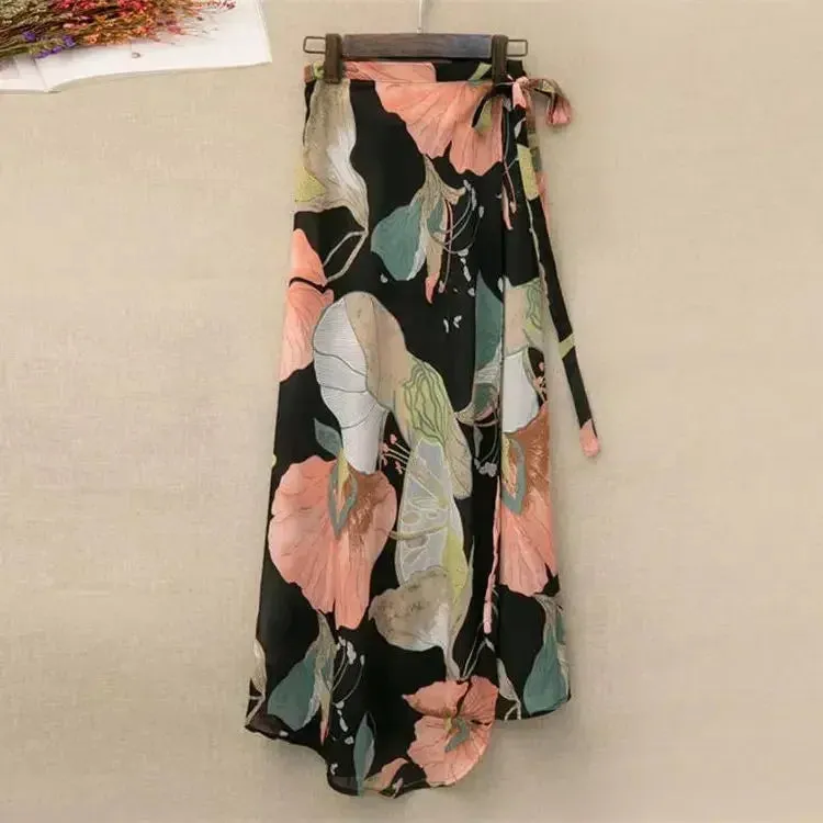 Women's High Waist Wrap Floral Printed Fashion Designer Skirts (Long)