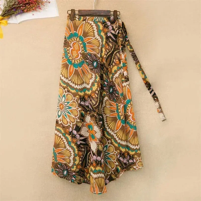 Women's High Waist Wrap Floral Printed Fashion Designer Skirts (Long)