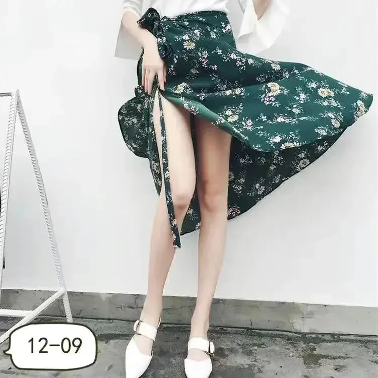 Women's High Waist Wrap Floral Printed Fashion Designer Skirts (Long)