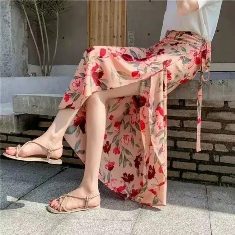 Women's High Waist Wrap Floral Printed Fashion Designer Skirts (Long)