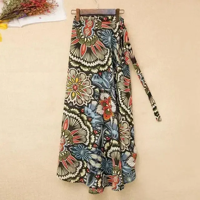 Women's High Waist Wrap Floral Printed Fashion Designer Skirts (Long)