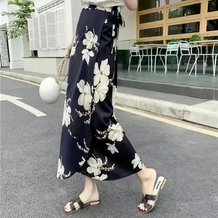 Women's High Waist Wrap Floral Printed Fashion Designer Skirts (Long)