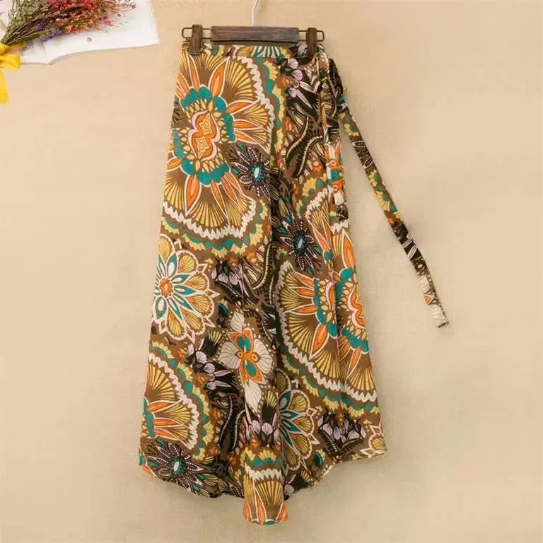 Women's High Waist Wrap Floral Printed Fashion Designer Skirts (Long)