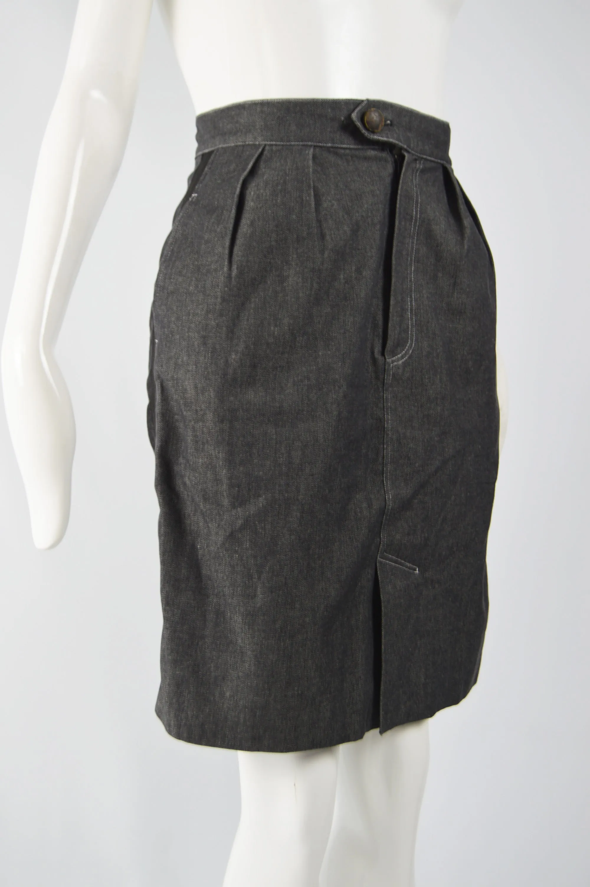 Womens Vintage Grey Denim & Grosgrain Skirt, 1980s