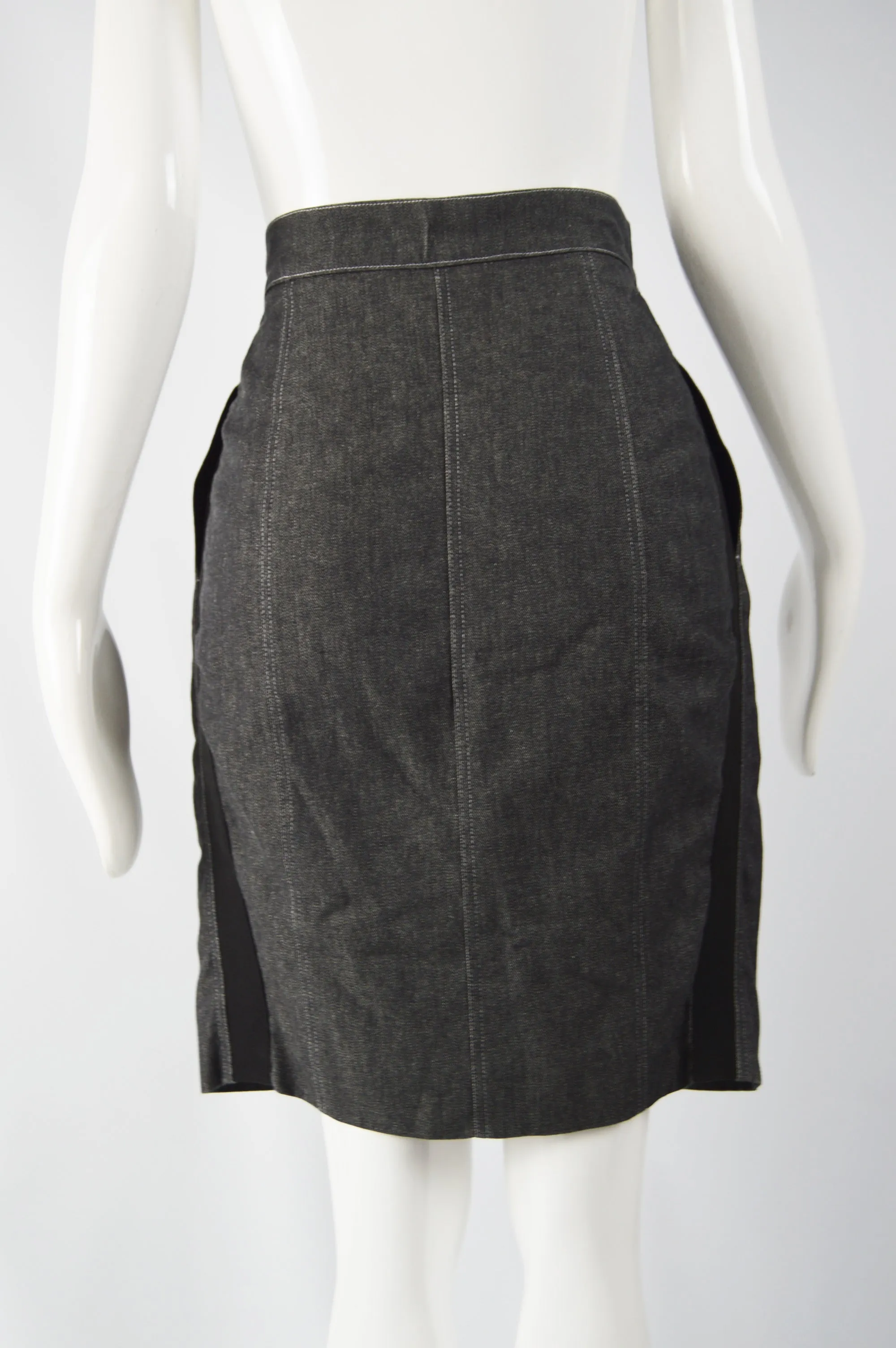 Womens Vintage Grey Denim & Grosgrain Skirt, 1980s