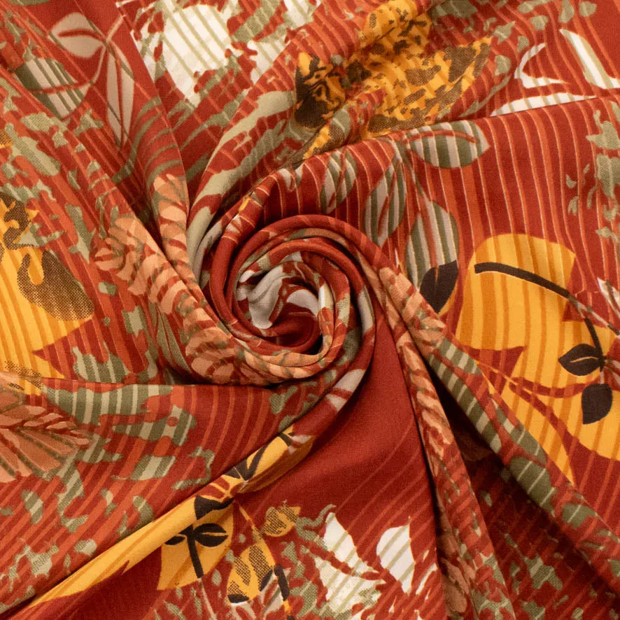 Yellow Leaves on Orange Printed Soft Crepe