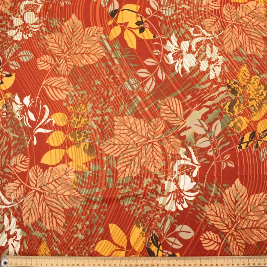 Yellow Leaves on Orange Printed Soft Crepe